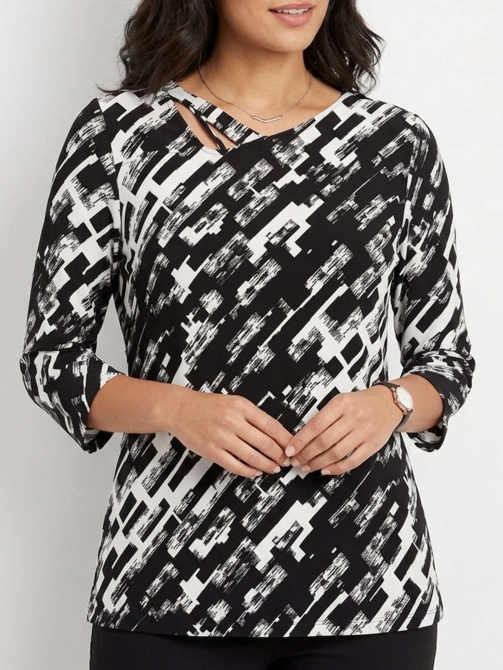 EASYWEAR by CHICO'S 3/4 sleeve black white blouse top Size 0